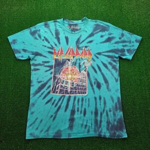 Def Leppard Pyromania Spiral Tie-Dye Graphic Tshirt Mens Large Teal Rock Band